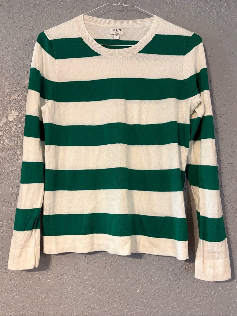 J. Crew “Teddie” Green and White Striped Knit Sweater